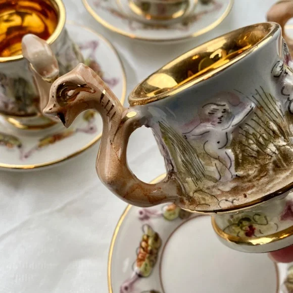 Capodimonte Painted Cupids Demitasse Espresso Cups and Saucers